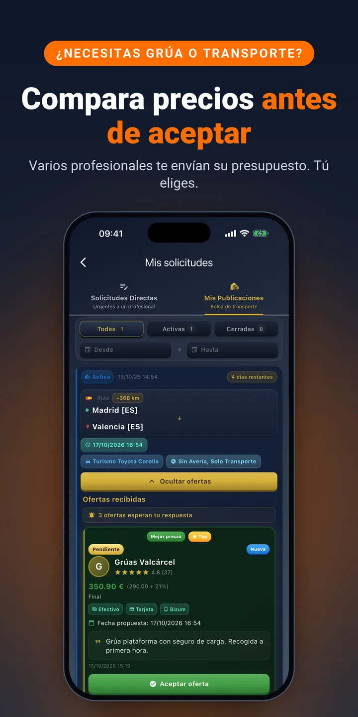 Compara precios antes de aceptar. Varios profesionales te envían su presupuesto. Tú eliges.