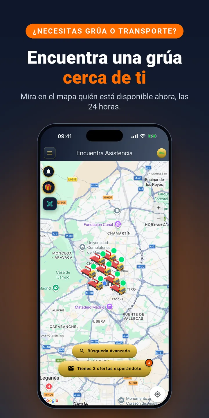 Encuentra una grúa cerca de ti. Mira en el mapa quién está disponible ahora, las 24 horas.