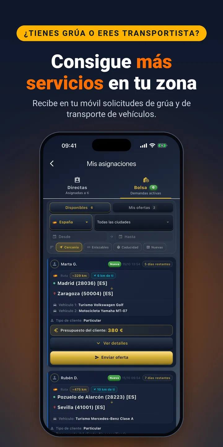 Consigue más servicios en tu zona. Recibe en tu móvil solicitudes de grúa y de transporte de vehículos.