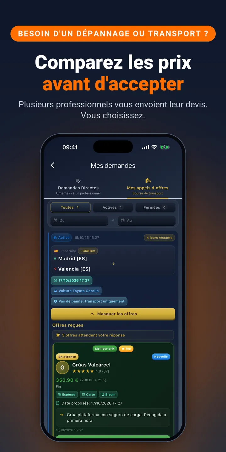 Comparez les prix avant d'accepter. Plusieurs professionnels vous envoient leur devis. Vous choisissez.
