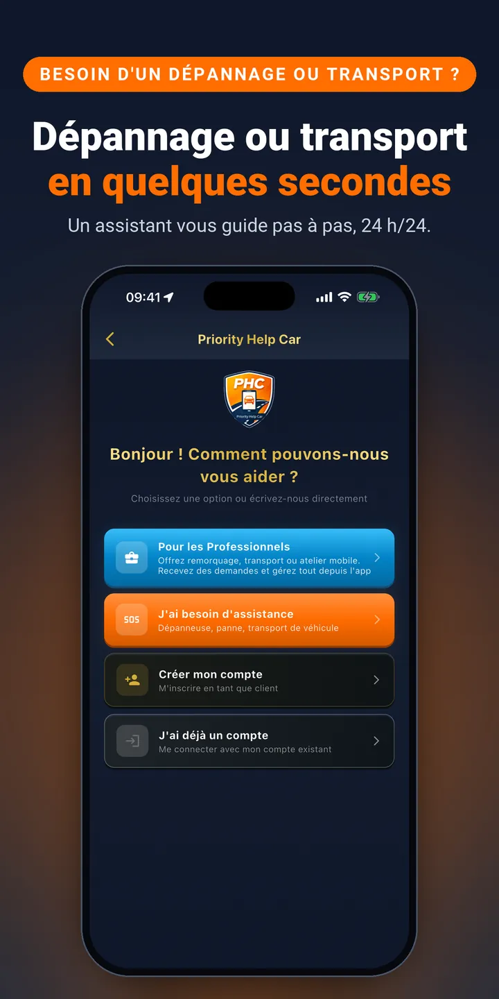 Dépannage ou transport en quelques secondes. Un assistant vous guide pas à pas, 24 h/24.