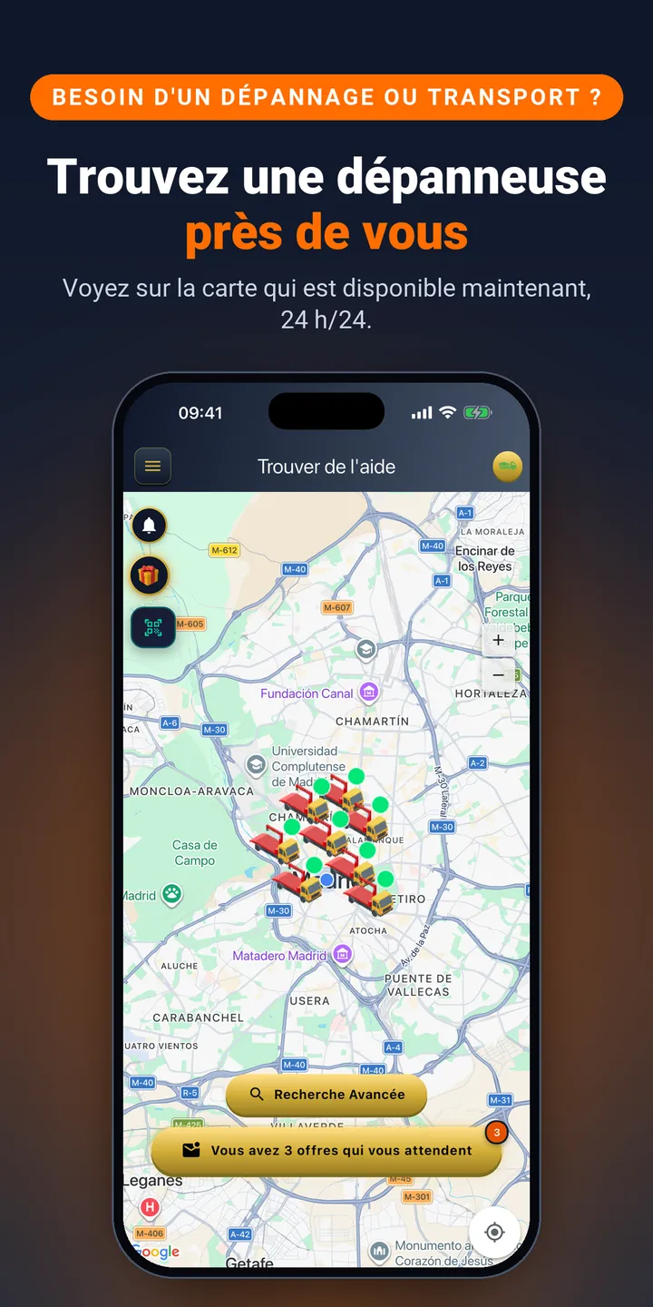 Trouvez une dépanneuse près de vous. Voyez sur la carte qui est disponible maintenant, 24 h/24.