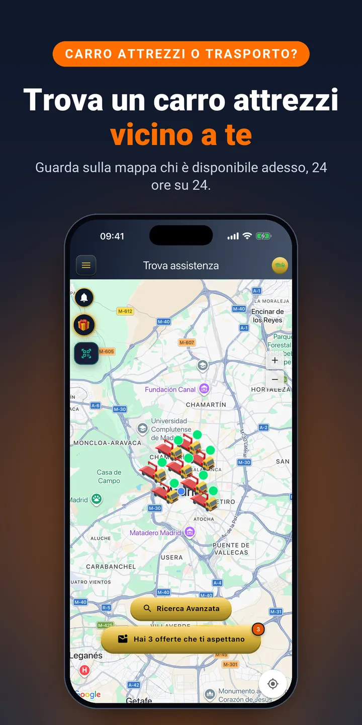 Trova un carro attrezzi vicino a te. Guarda sulla mappa chi è disponibile adesso, 24 ore su 24.