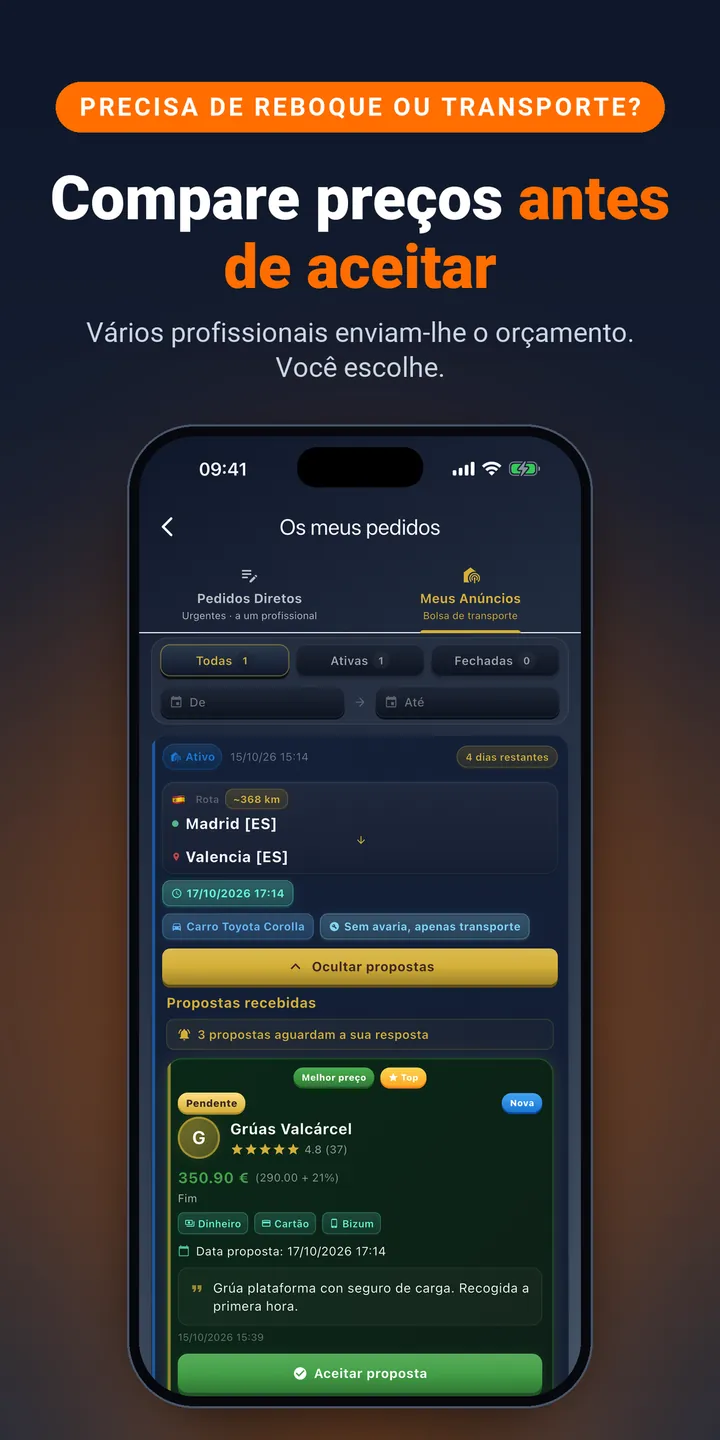 Compare preços antes de aceitar. Vários profissionais enviam-lhe o orçamento. Você escolhe.