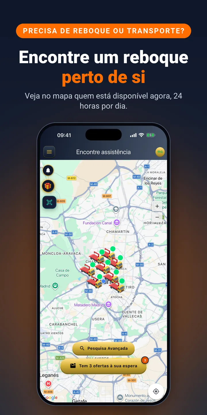 Encontre um reboque perto de si. Veja no mapa quem está disponível agora, 24 horas por dia.