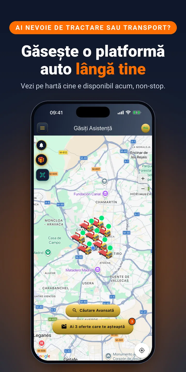 Găsește o platformă auto lângă tine. Vezi pe hartă cine e disponibil acum, non-stop.